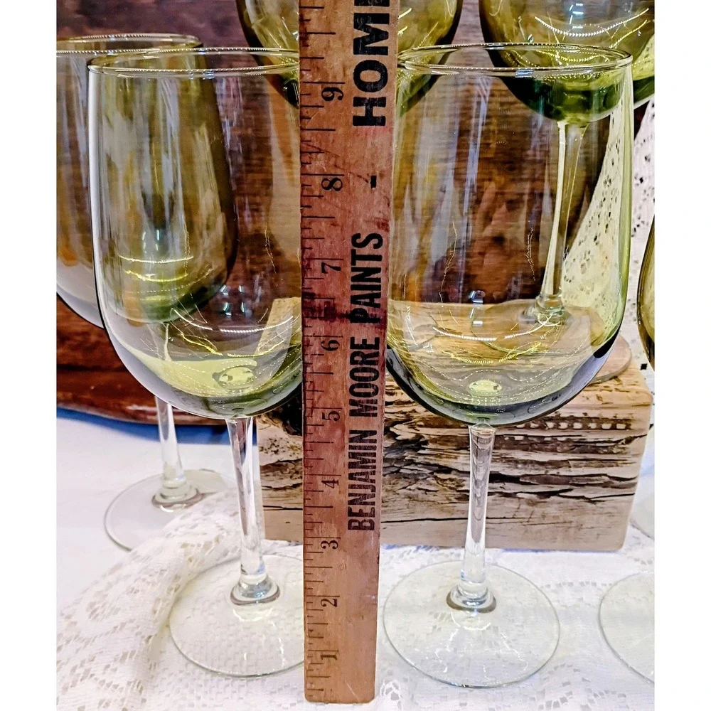 Set of 6 Olive Green Tinted Wine Glasses Long Stem Clear Base 9 Inch 2.75 Rim